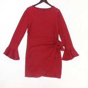 New Red Burgundy Wrap Dress Bell Sleeve Stretchy Women's XL